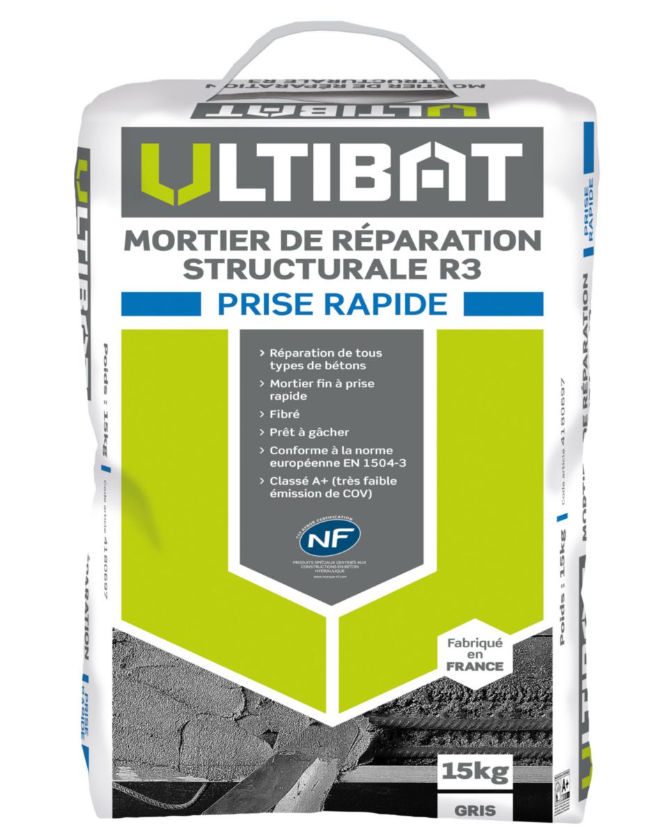 Mortier de reparation structurale R3 prise rapide sac de 15 kg ULTIBAT