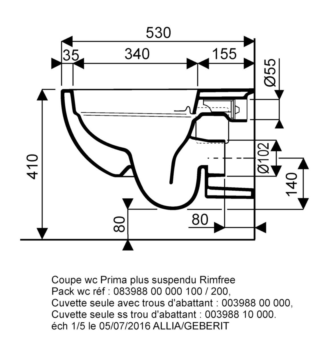 Pack WC suspendu PRIMA Rimfree abattant frein de chute blanc Ref. 08398800000100 ALLIA