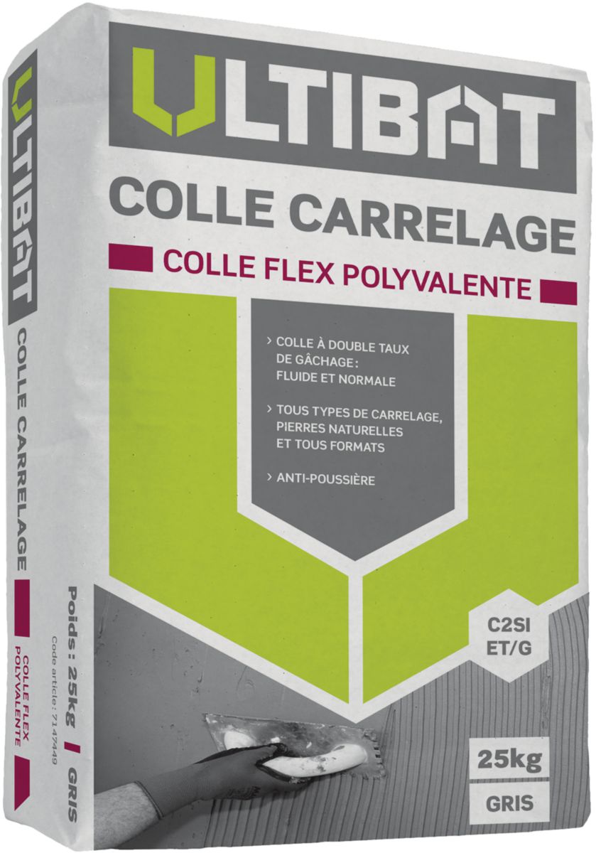 Mortier-colle flex polyvalent intérieur / extérieur - C2S1 ET/G - gris -  sac de 25 kg - ULTIBAT