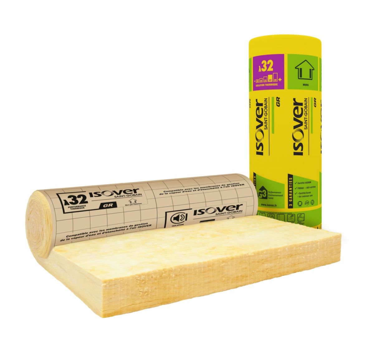 Laine de verre GR 32 roulée revêtue Kraft pour isolation des murs par l'intérieur ép. 85 mm Laine de verre GR 32 roulée revêtue Kraft pour isolation des murs par l'intérieur ép. 85 mm